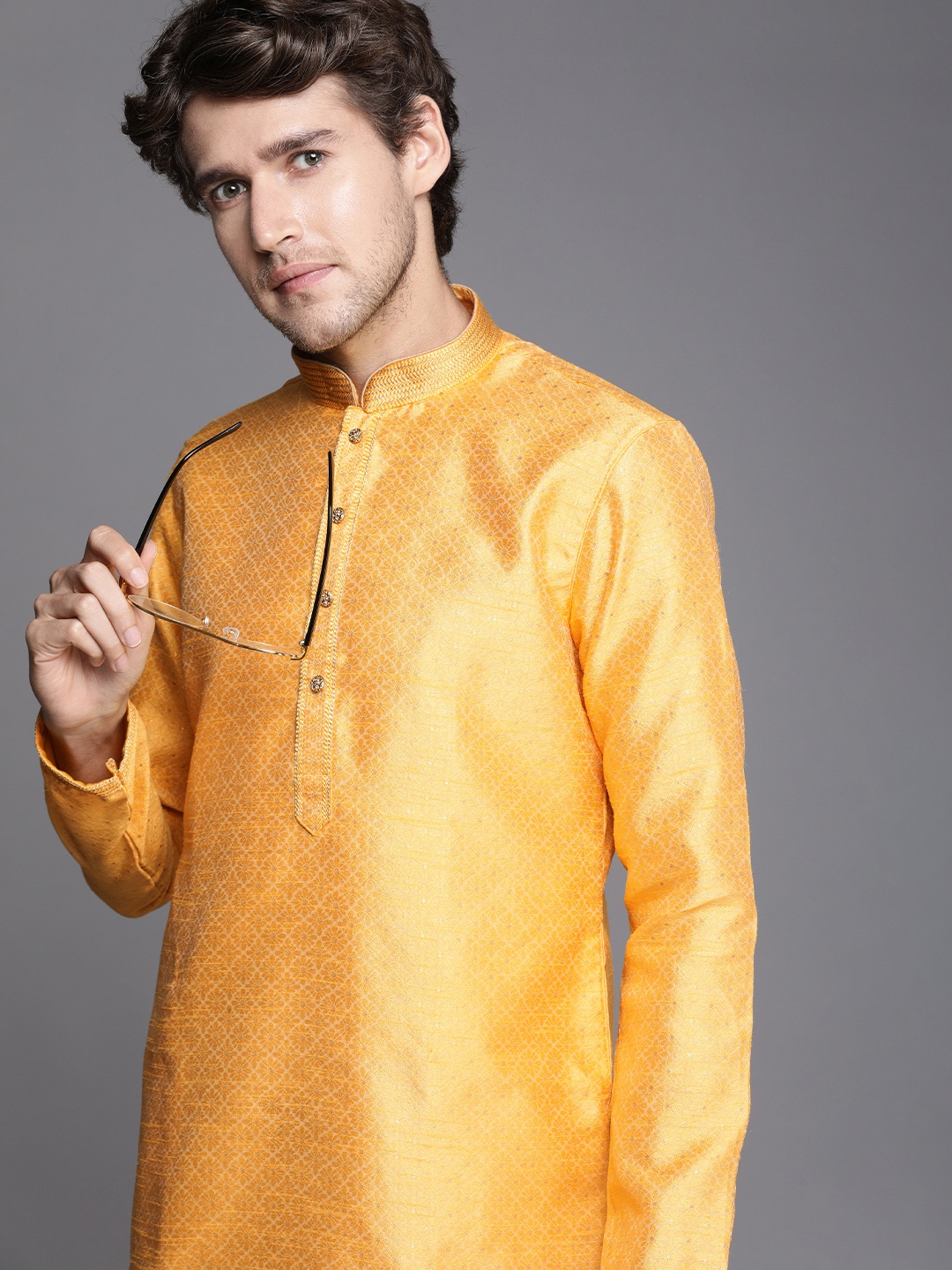 

Manyavar Men Mustard Yellow & Golden Ethnic Motifs Kurta with Churidar