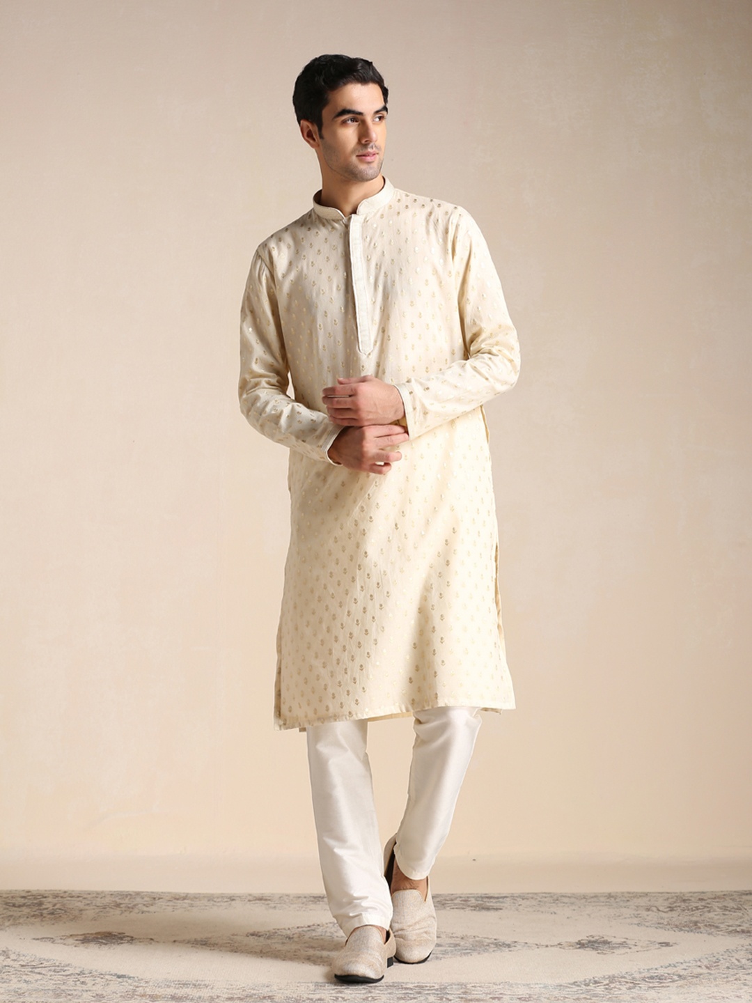 

Manyavar Men Floral Woven Design Kurta With Churidar, Beige