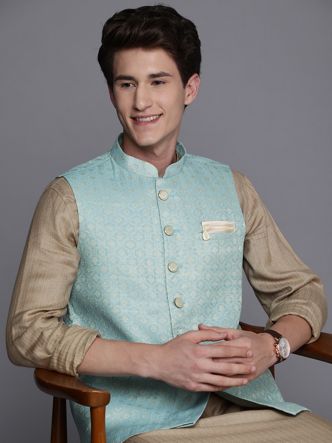 

Manyavar Men Blue Woven Design Nehru Jacket