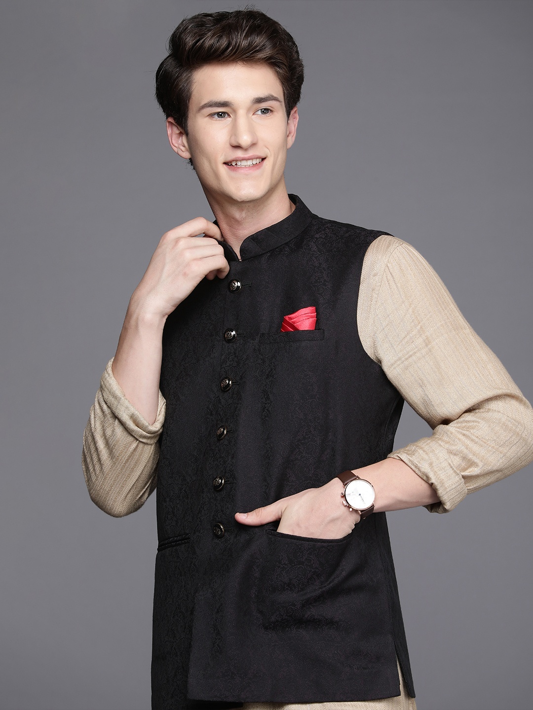 

Manyavar Men Purple Woven Design Nehru Jacket