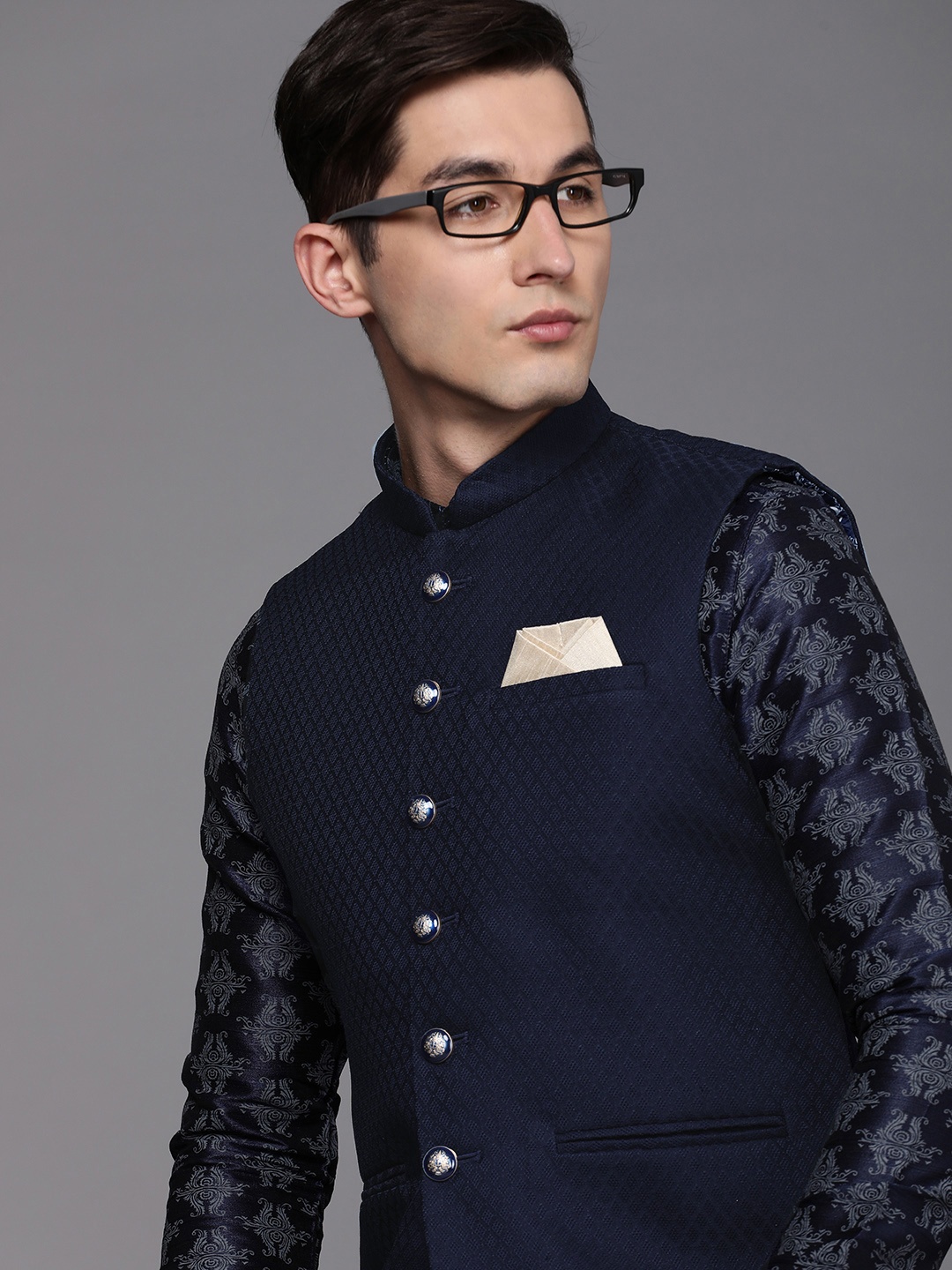 

Manyavar Men Navy Blue Woven Design Nehru Jacket