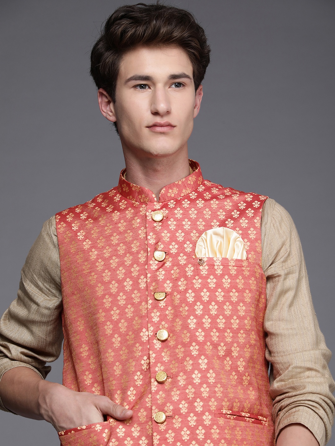 

Manyavar Men Coral Printed Nehru Jacket