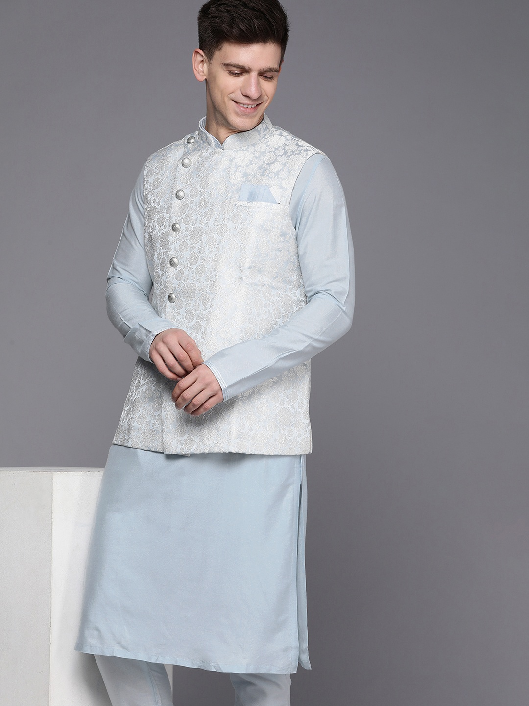 

Manyavar Men Blue Kurta & Churidar with Jacket