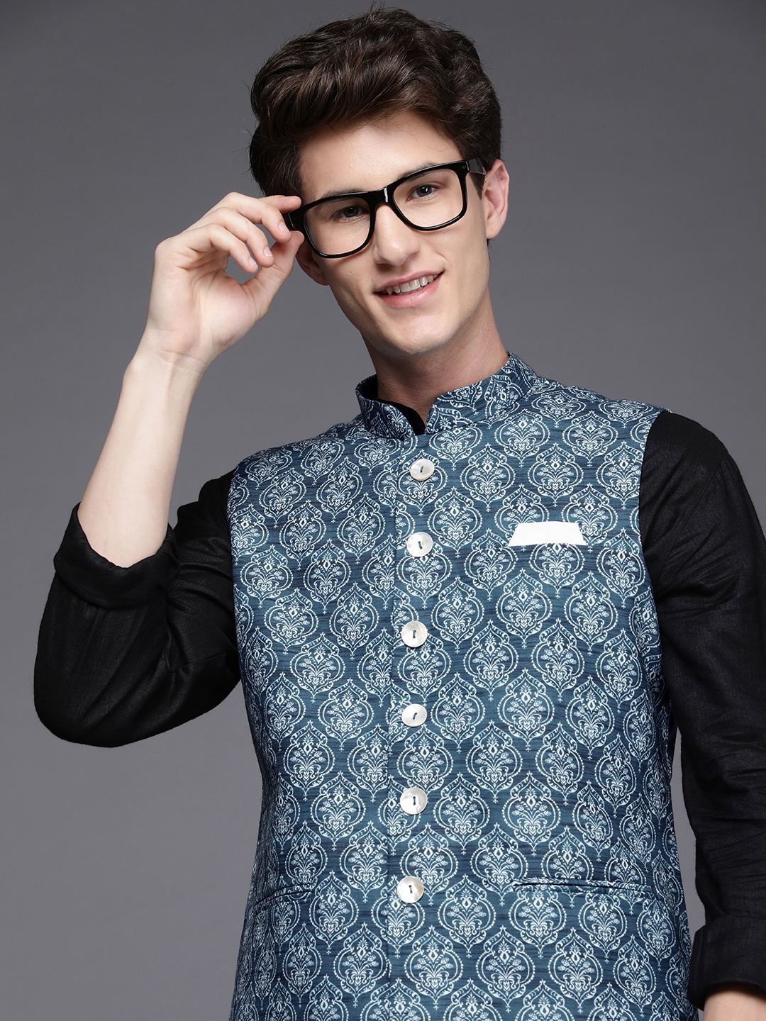 

Manyavar Men Teal Blue Printed Nehru Jacket