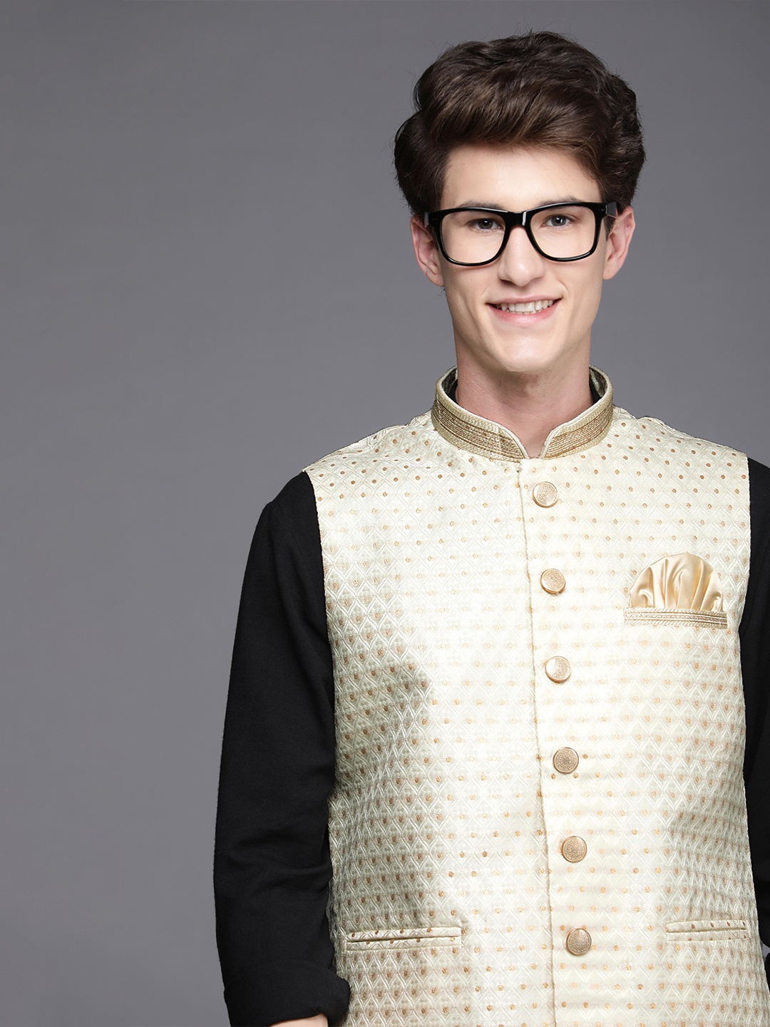 

Manyavar Men Beige Woven Design Solid Nehru Jacket