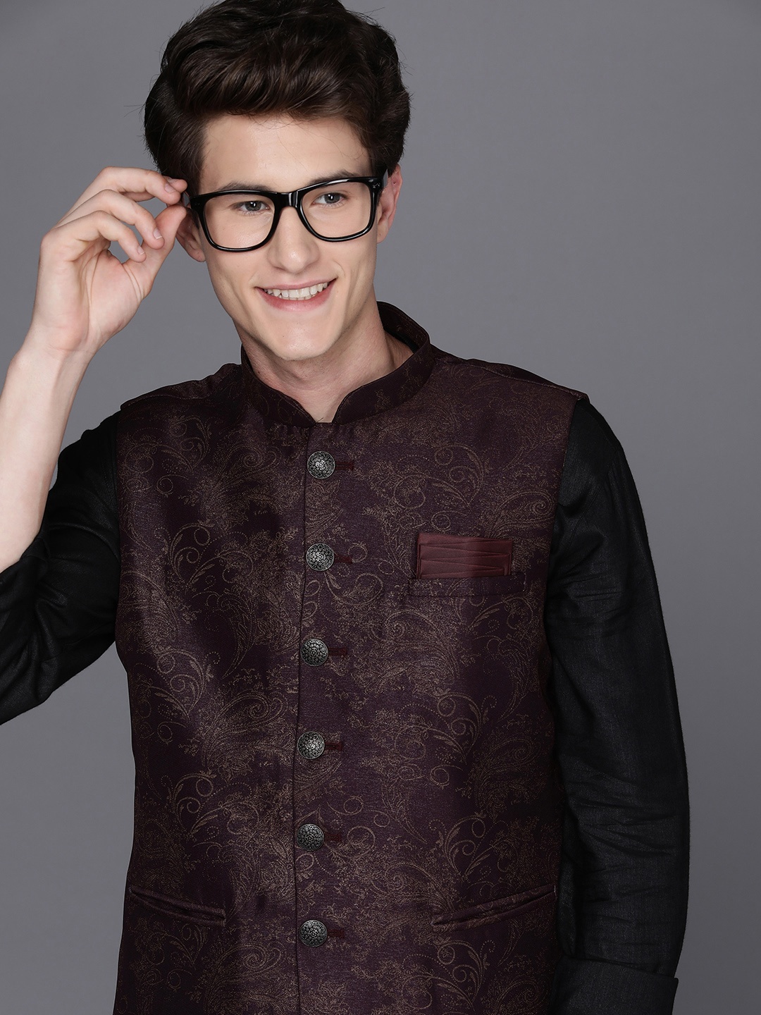 

Manyavar Men Burgundy Woven Design Nehru Jacket