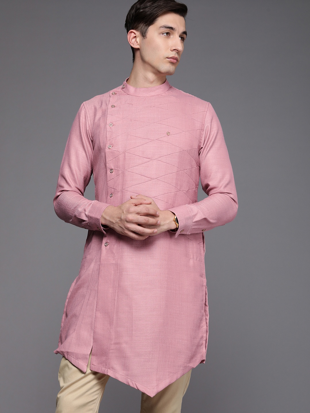 

Manyavar Men Coral Pink Embroidered Detail Kurta