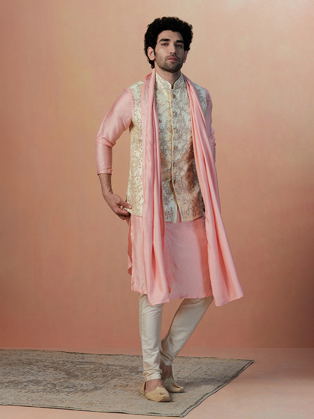 

Manyavar Men Regular Kurta With Churidar & Jacket With Dupatta, Pink