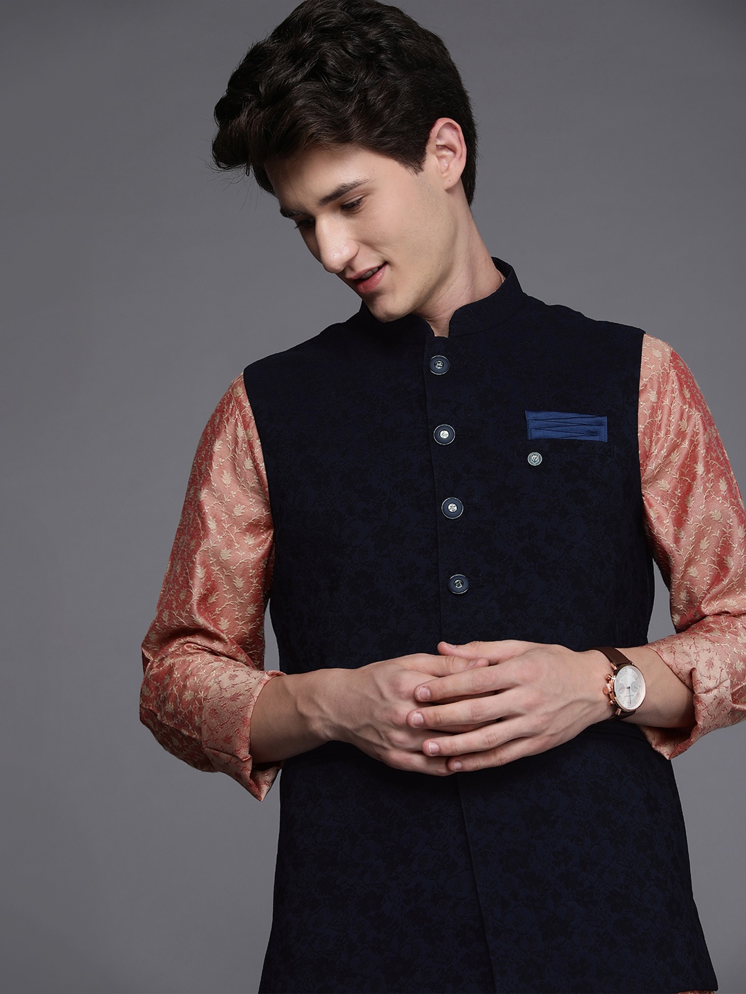 

Manyavar Men Navy Blue Solid Nehru Jacket