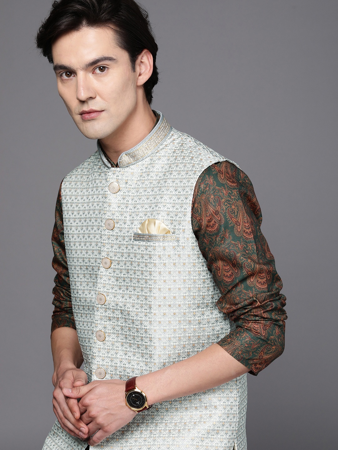 

Manyavar Grey Woven Design Nehru Jacket