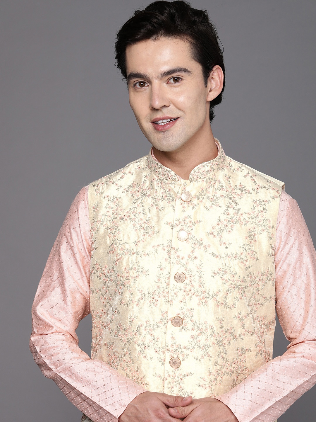 

Manyavar Beige Floral Embroidered Nehru Jacket