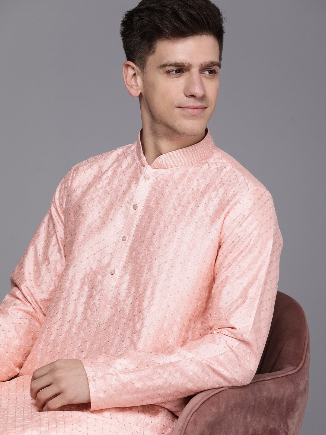 

Manyavar Men Peach-Coloured Art Silk Kurta with Churidar