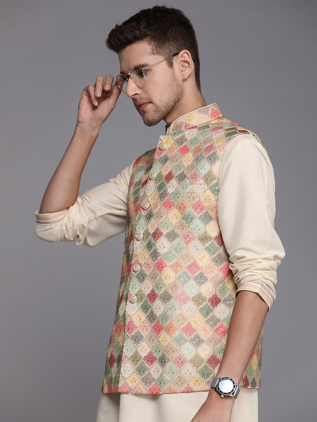 

Manyavar Men Beige Sequinned Silk Georgette Kurta with Churidar & Nehru Jacket