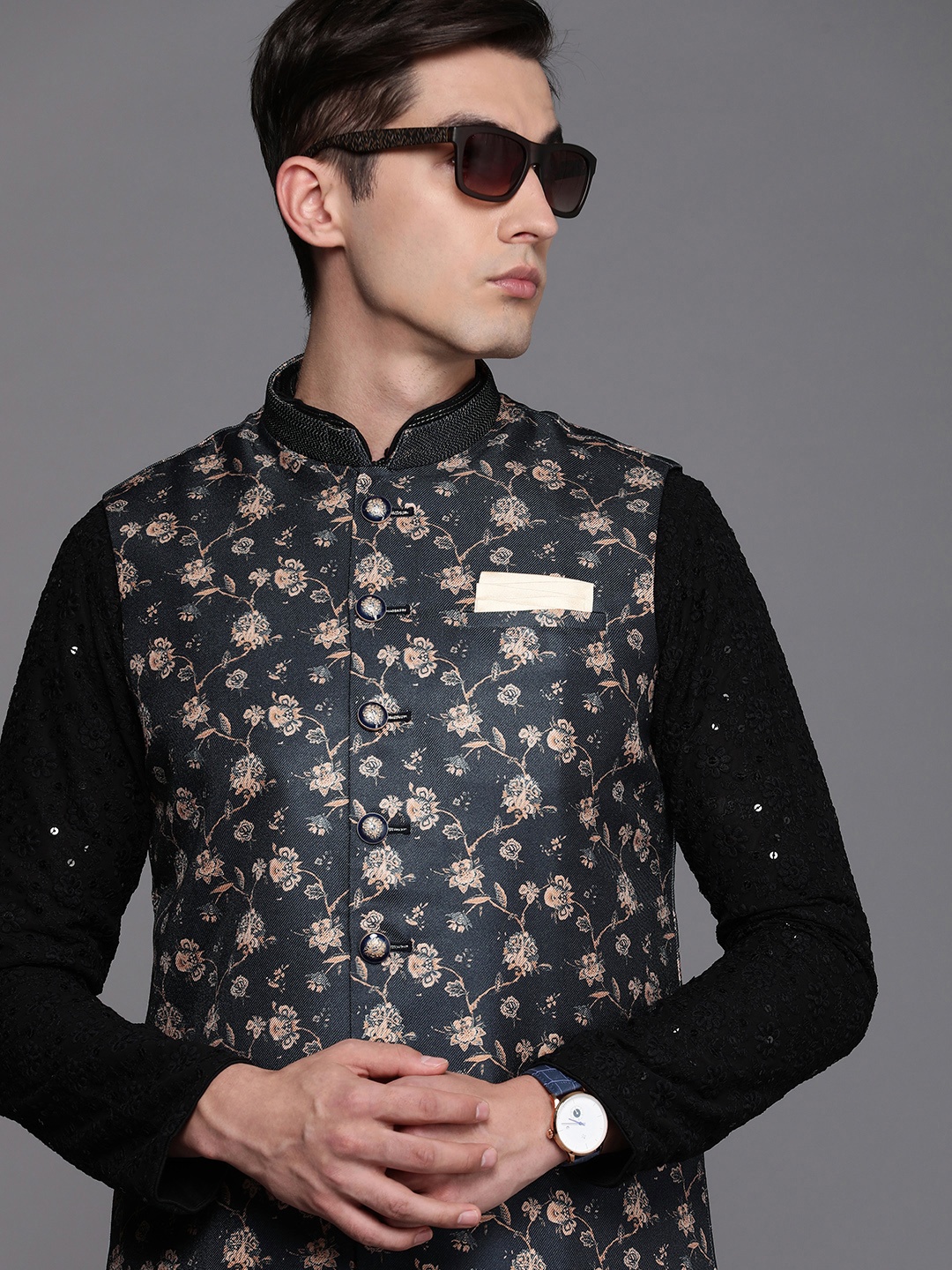 

Manyavar Navy Blue Floral Printed Nehru Jacket