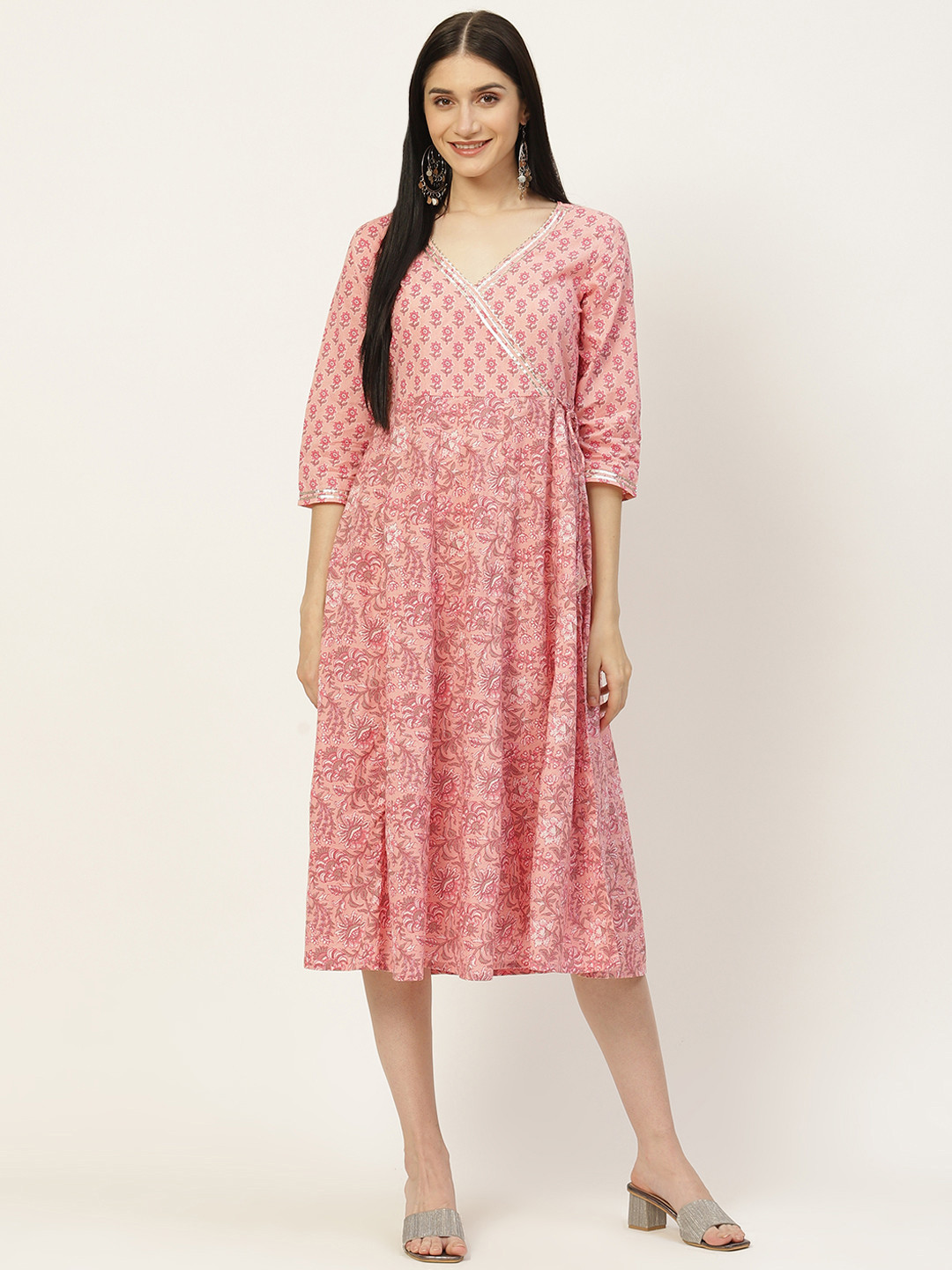 

Maaesa Pink Ethnic Motifs Printed Midi Wrap Dress