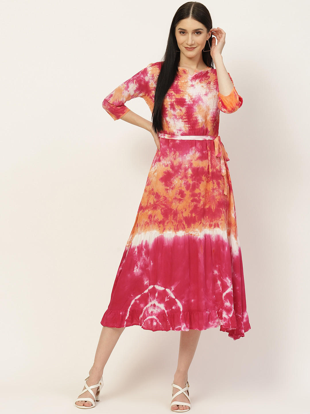 

Maaesa Pink & Orange Tie and Dye A-Line Midi Dress
