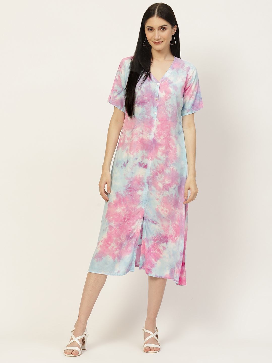 

Maaesa Pink & Blue Tie and Dye A-Line Maxi Dress