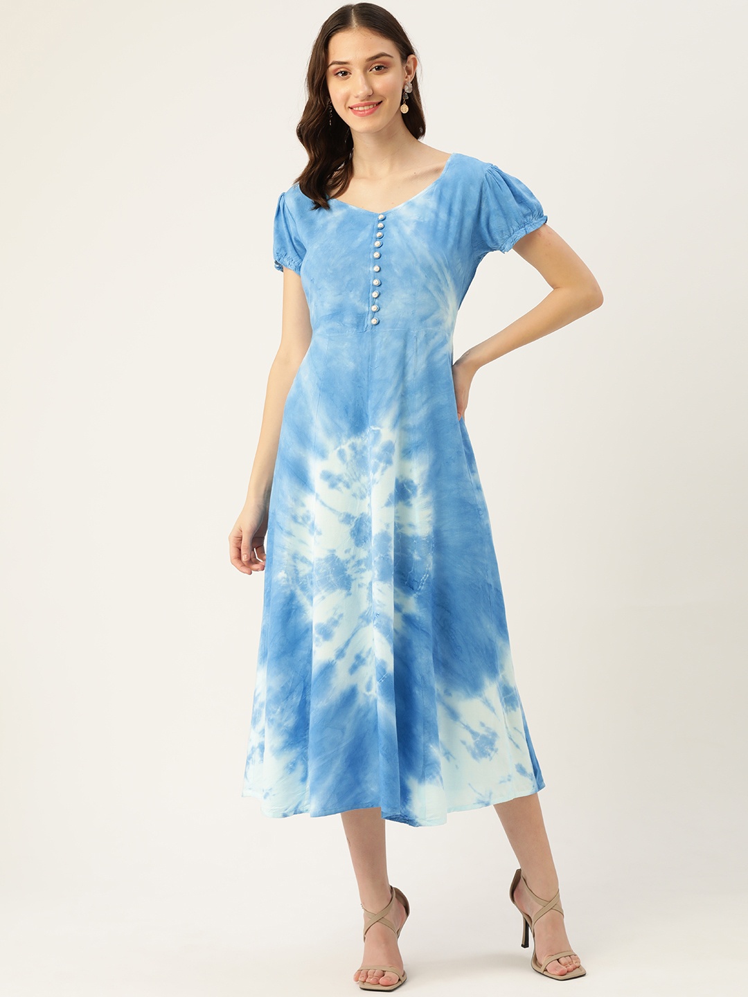 

Maaesa Blue & White Tie and Dye A-Line Midi Dress