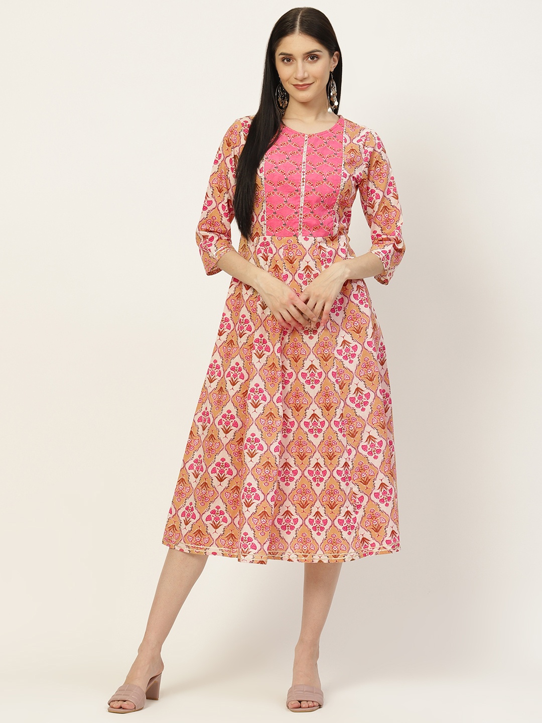 

Maaesa White & Pink Ethnic Motifs Printed A-Line Midi Dress