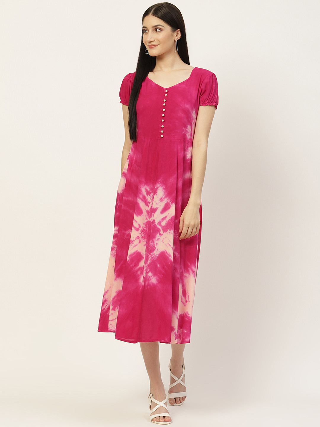 

Maaesa Fuchsia & White Tie and Dye A-Line Midi Dress