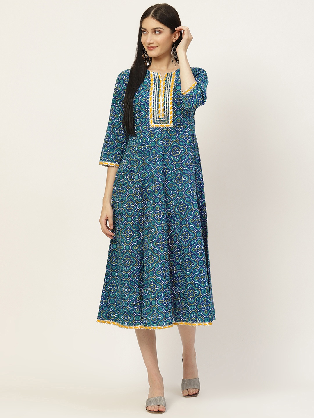 

Maaesa Blue & White Ethnic Motifs Printed A-Line Midi Dress