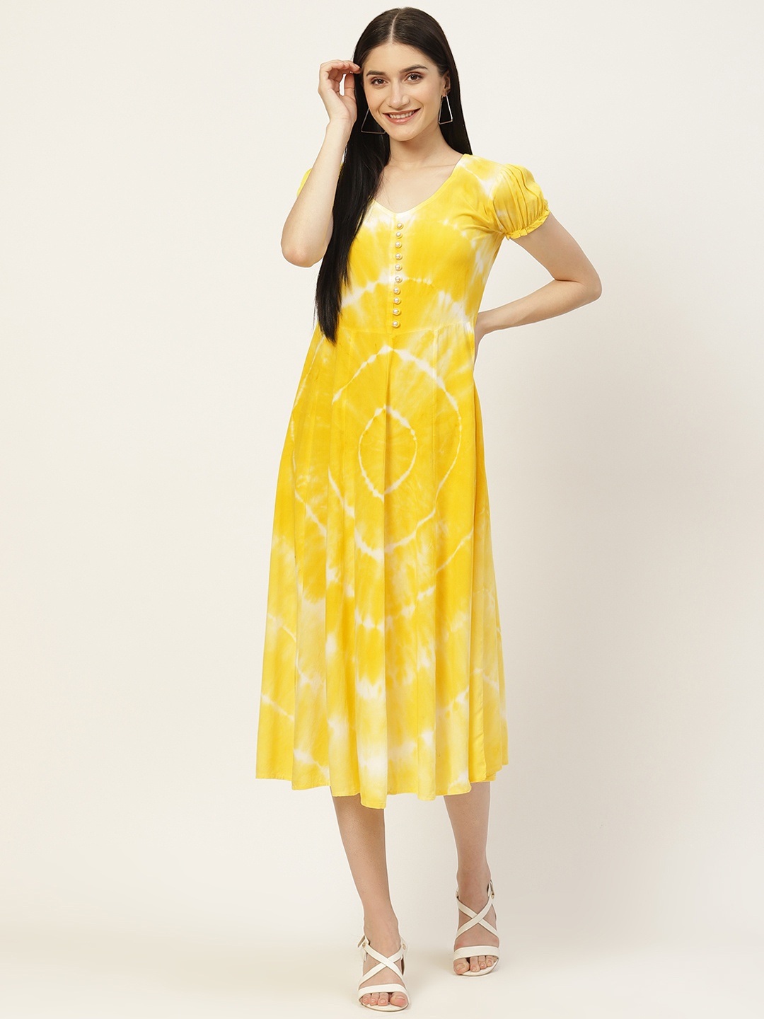 

Maaesa Yellow & White Tie and Dye A-Line Midi Dress