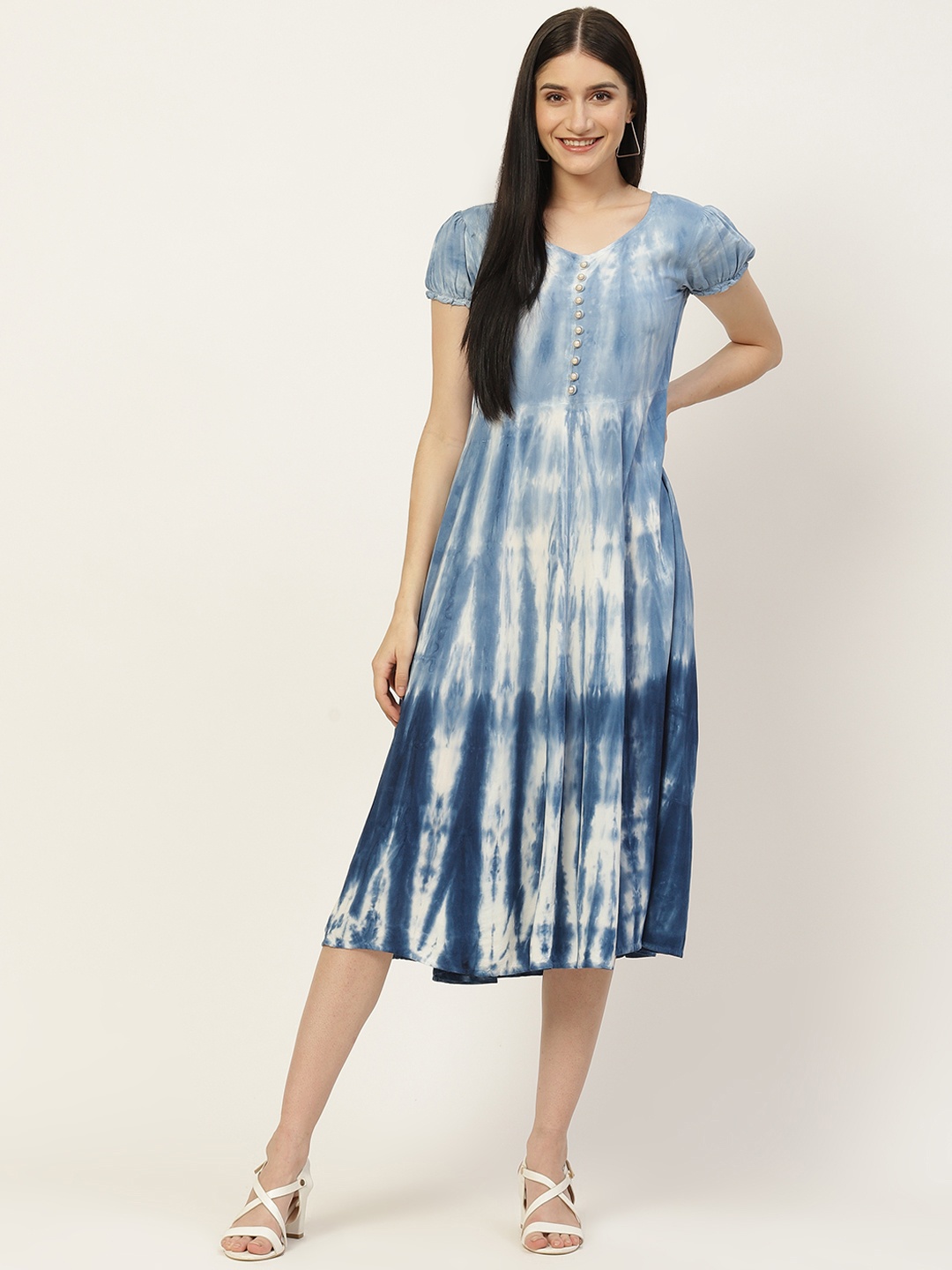 

Maaesa Blue & White Tie and Dye A-Line Midi Dress