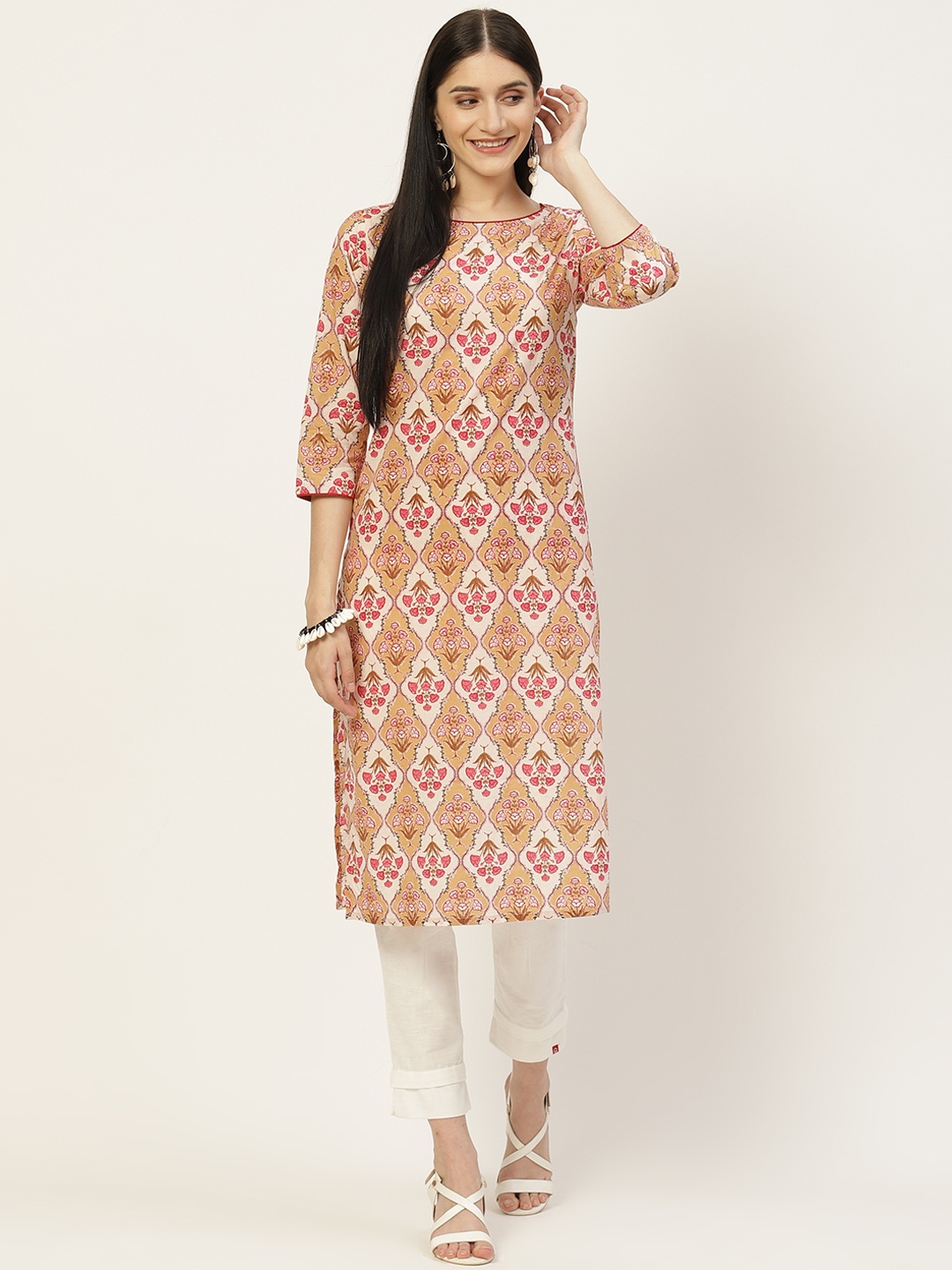 

Maaesa Women White & Beige Ethnic Motifs Printed Cotton Kurta