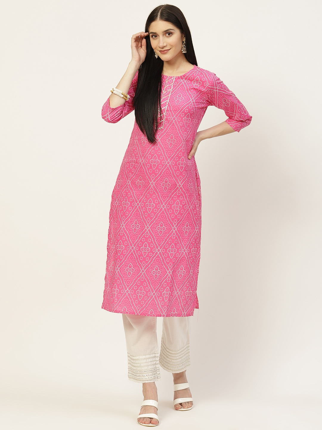 

Maaesa Women Pink & White Bandhani Printed Cotton Kurta