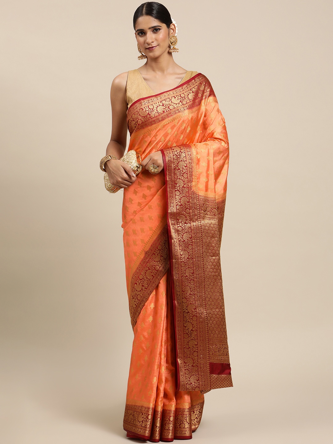 

Mitera Peach-Coloured & Golden Woven Design Zari Art Silk Tussar Saree
