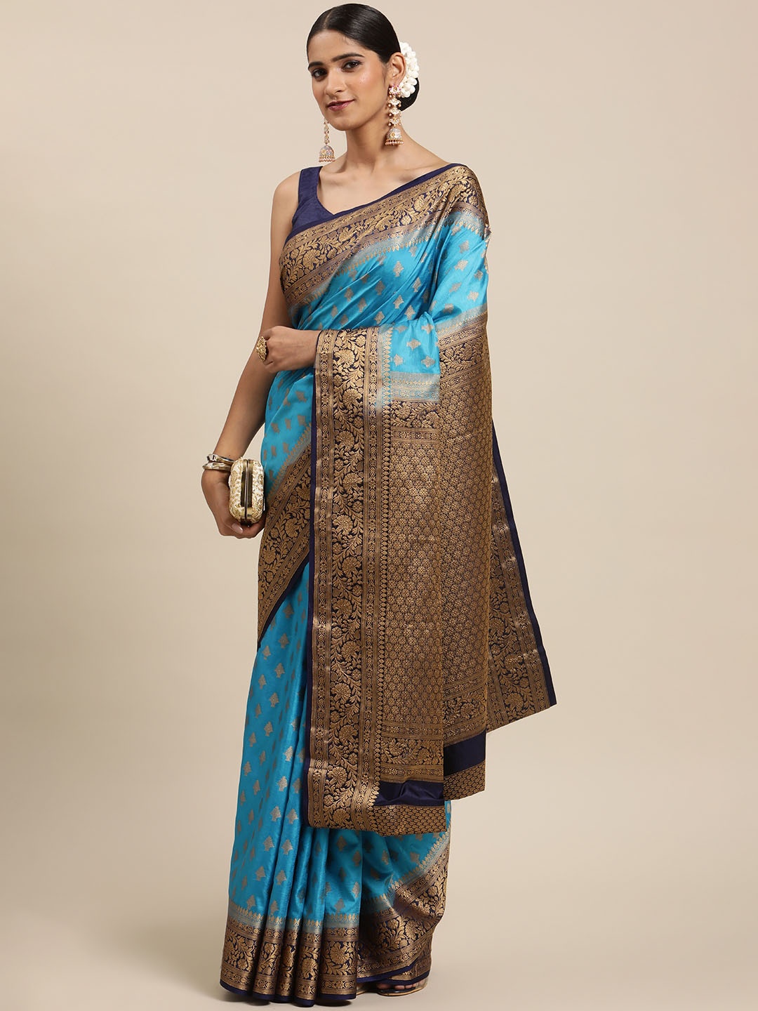 

Mitera Blue & Golden Woven Design Zari Art Silk Tussar Saree