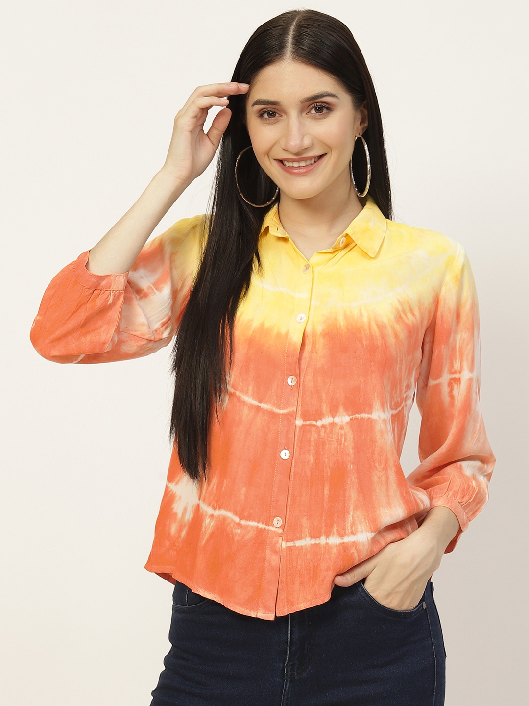 

Maaesa Orange & Yellow Tie and Dye Shirt Style Top