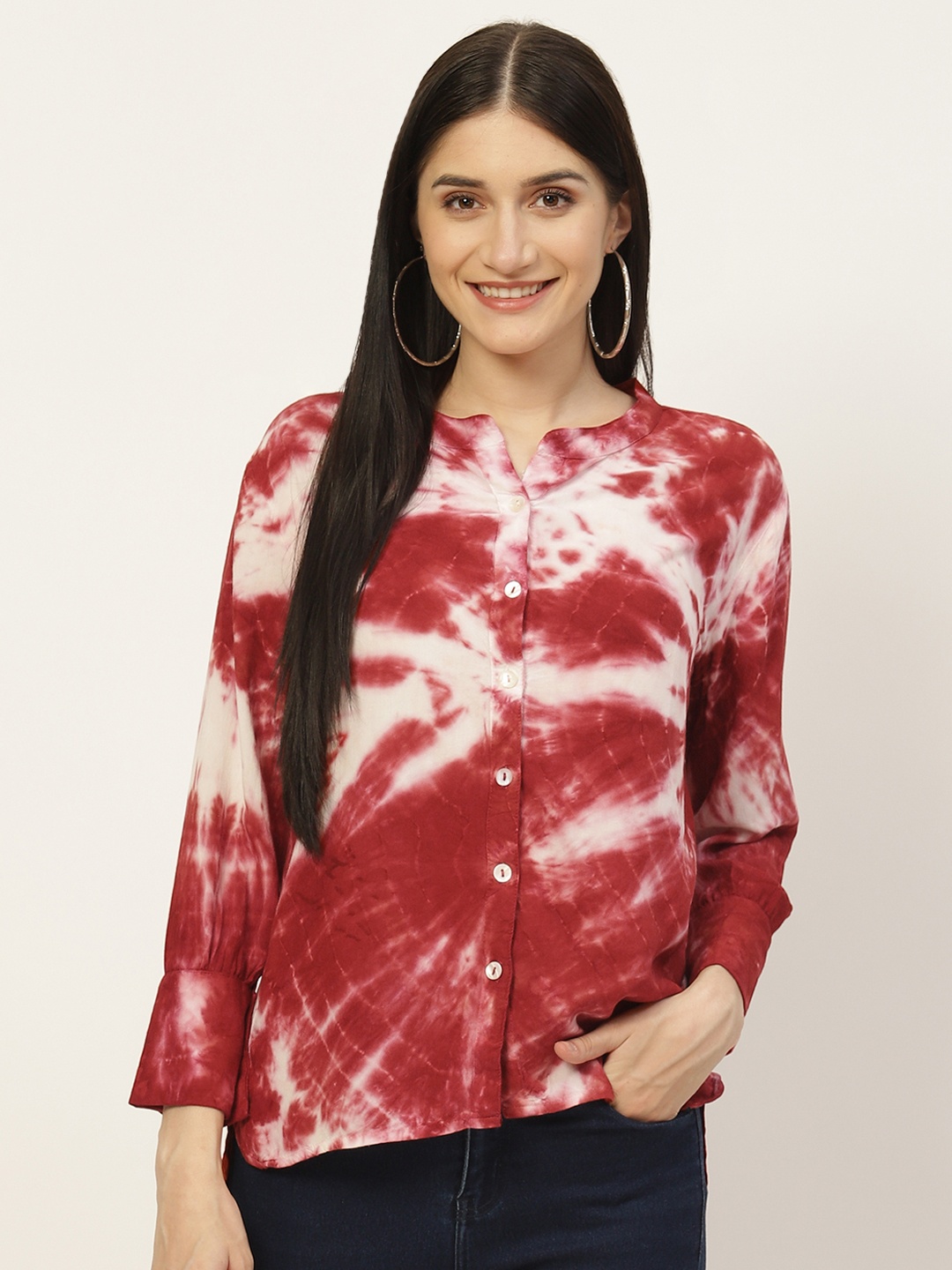 

Maaesa Red & Off White Tie and Dye Mandarin Collar Shirt Style Top