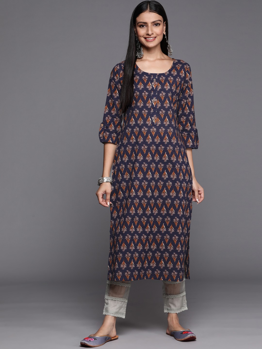 

Varanga Women Navy Blue & Brown Ethnic Motifs Printed Kurta