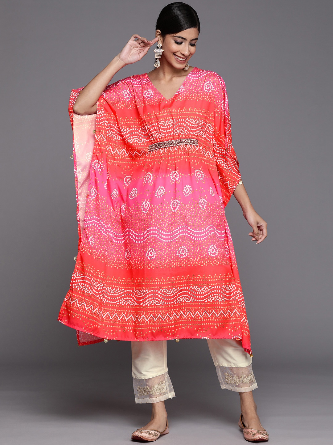 

Varanga Women Orange Bandhani Printed Beads and Stones Kurta with Trousers