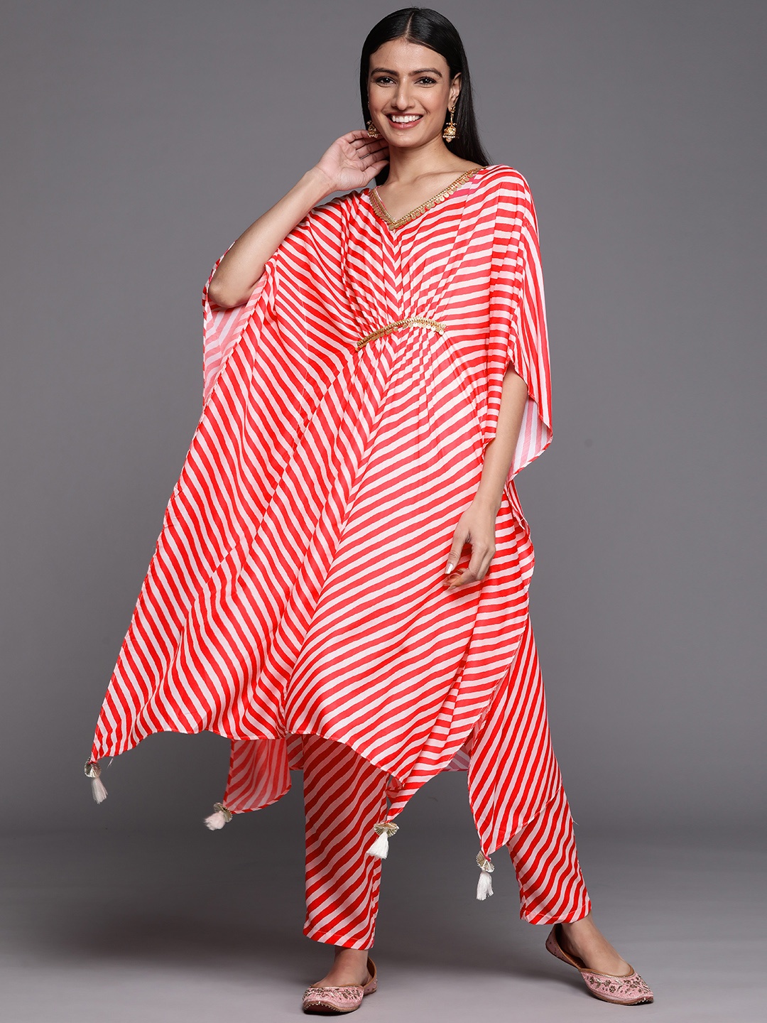 

Varanga Women Coral Striped Gotta Patti Kurta with Trousers