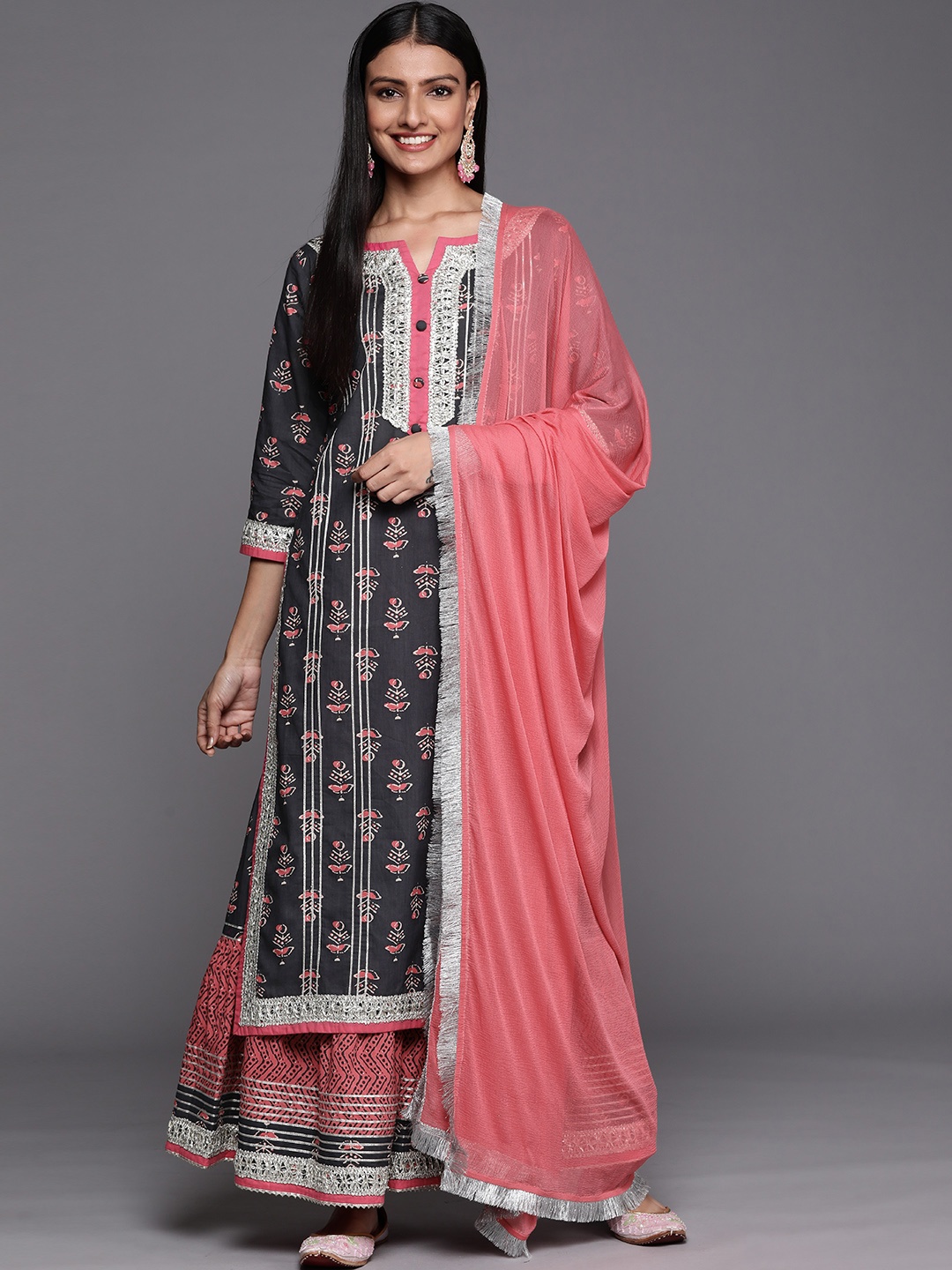 

Varanga Women Grey Ethnic Motifs Printed Gotta Patti Kurta with Sharara & With Dupatta