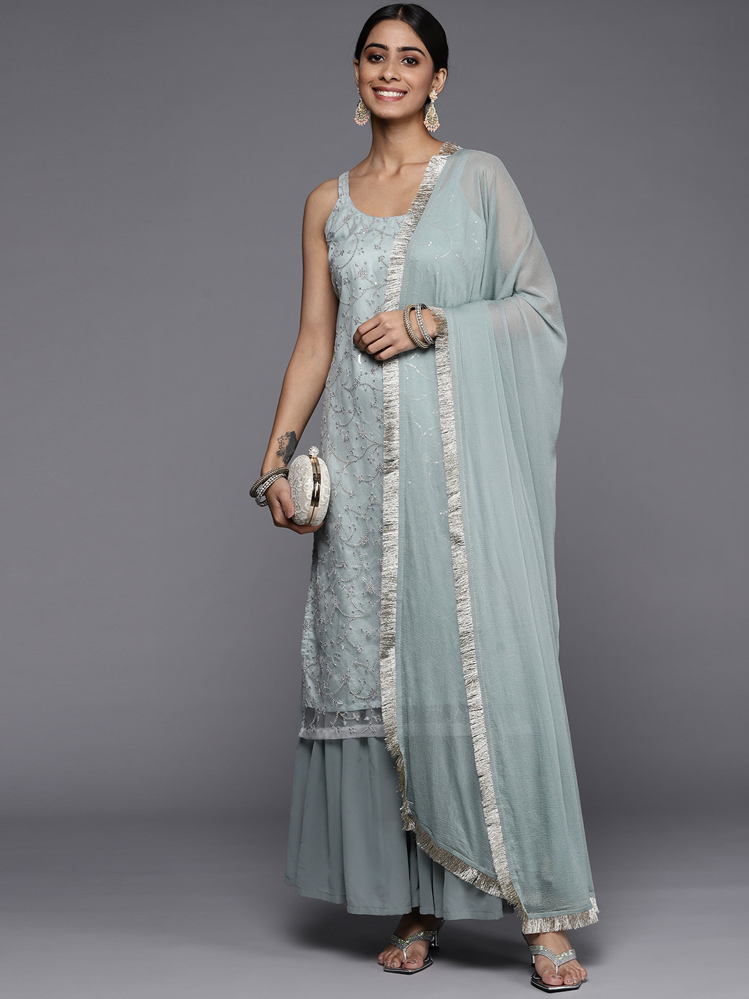 

Varanga Women Green Floral Sequinned Kurta with Sharara & With Dupatta