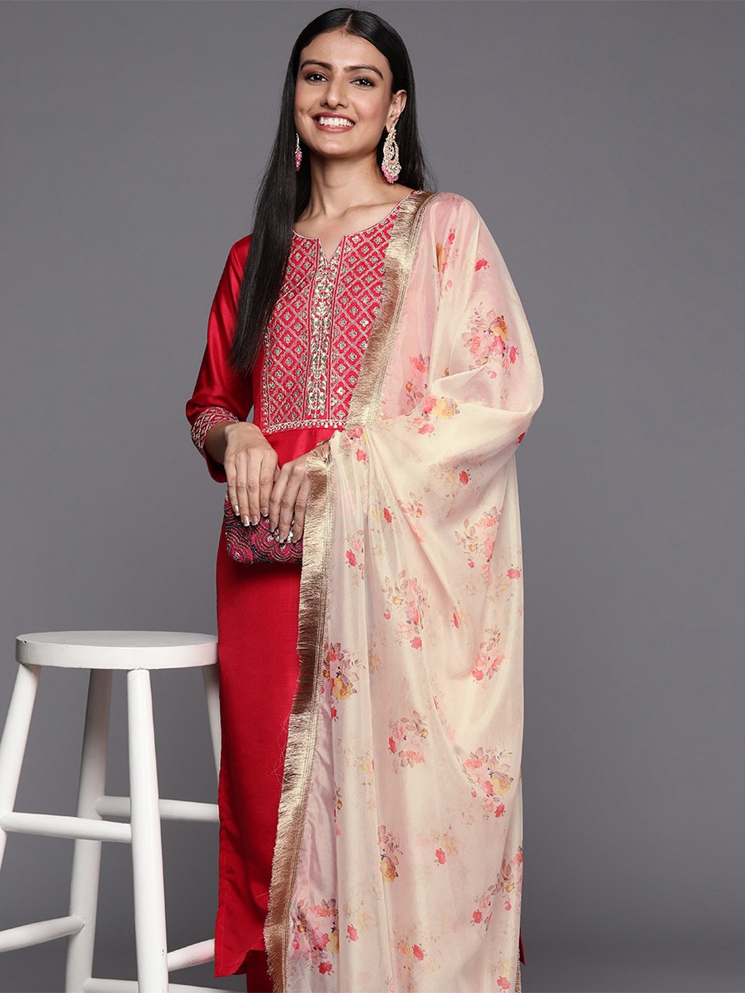 

Varanga Women Pink Ethnic Motifs Embroidered Sequinned Kurta with Trousers & With Dupatta