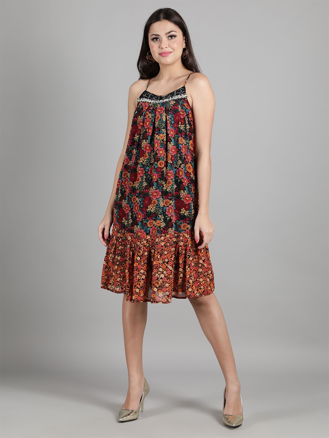 

DEBONATELLA Maroon & Blue Floral Crepe A-Line Dress