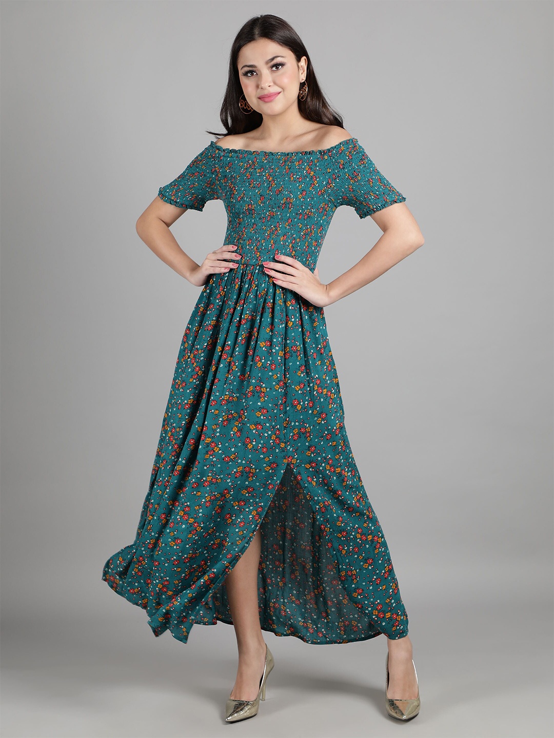 

DEBONATELLA Green & Red Ethnic Motifs Off-Shoulder Crepe Maxi Dress
