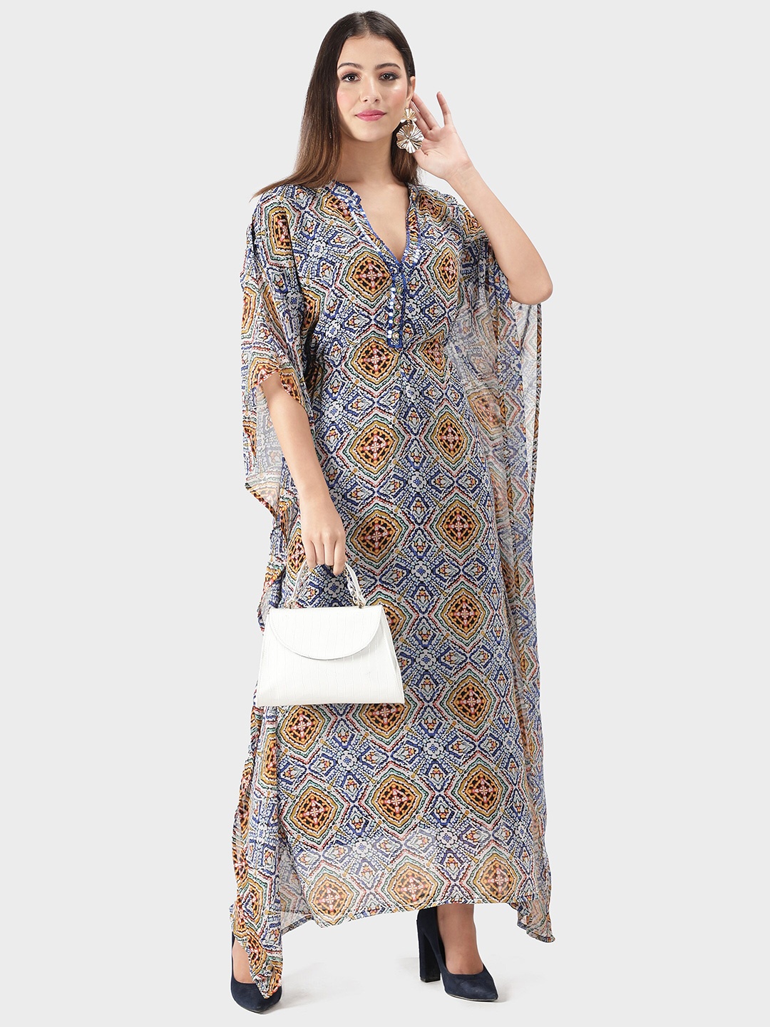 

DEBONATELLA Blue & Yellow Ethnic Motifs Crepe Kaftan Maxi Dress