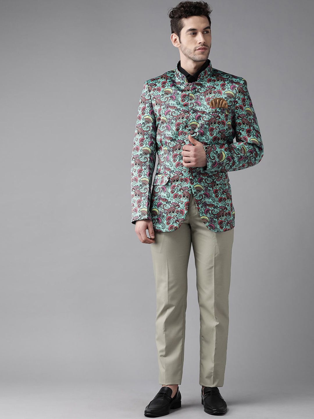 

Hangup Men Ble & Pink Printed down 2-Piece Bandhgala Party Suit, Blue