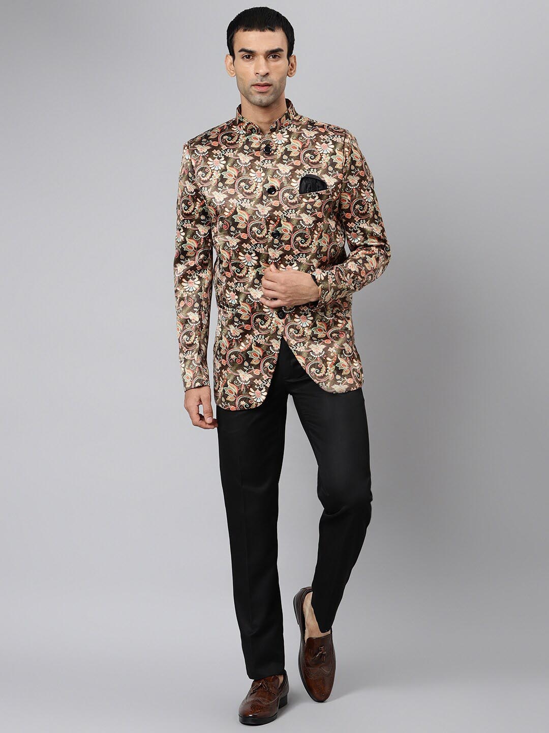 

Hangup Men Brown & Black Printed down 2-Piece Bandhgala Party Suit