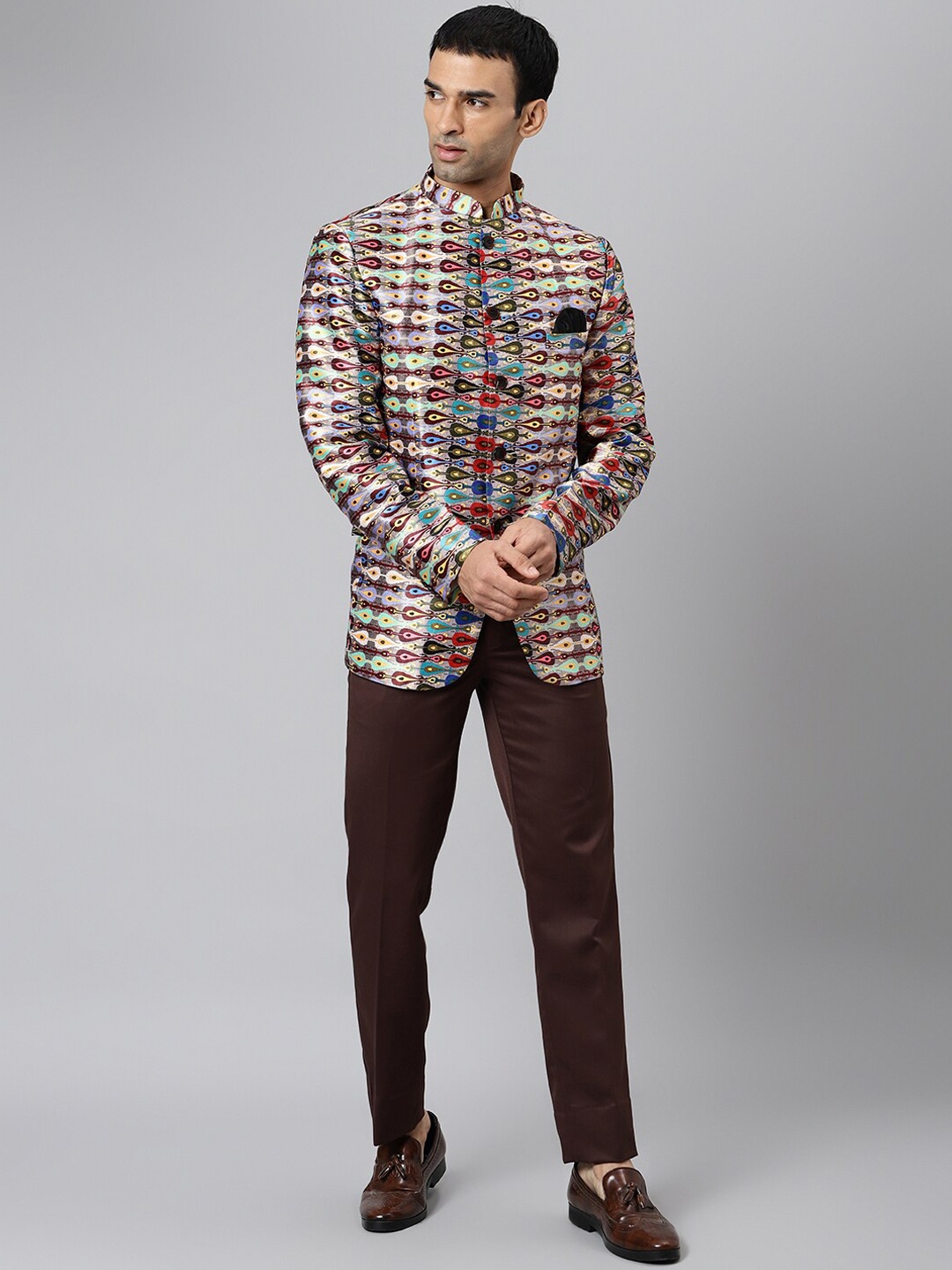 

Hangup Men Brown & Blue Printed down 2-Piece Bandhgala Party Suit