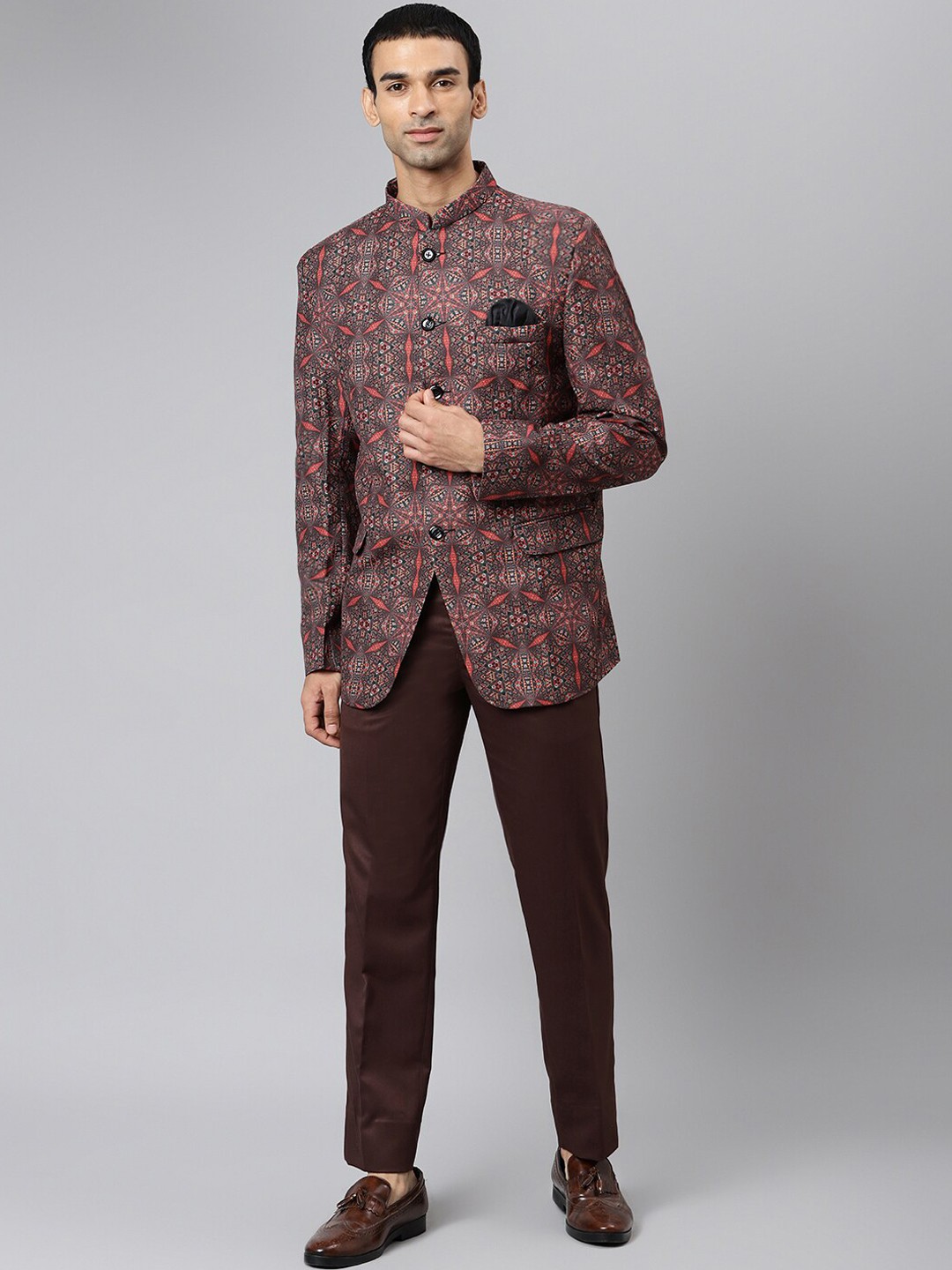 

Hangup Men Brown Printed Single-Breasted Two-Piece Party Suit