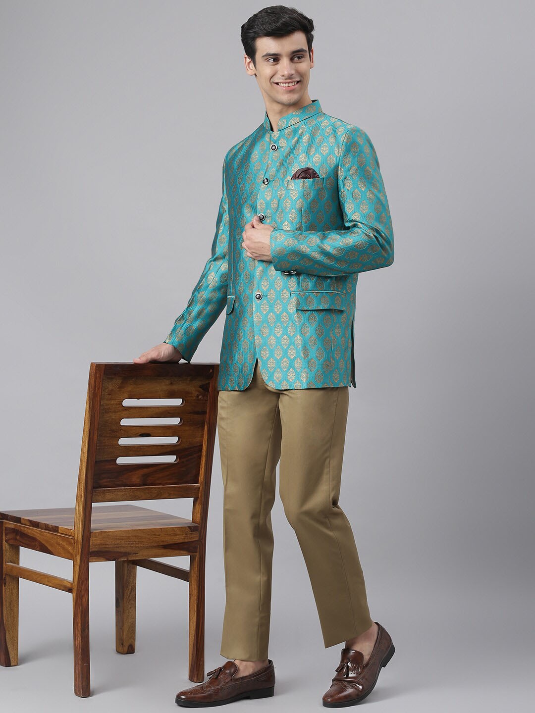 

Hangup Men Blue & Olive Green Printed down 2-Piece Bandhgala Party Suit
