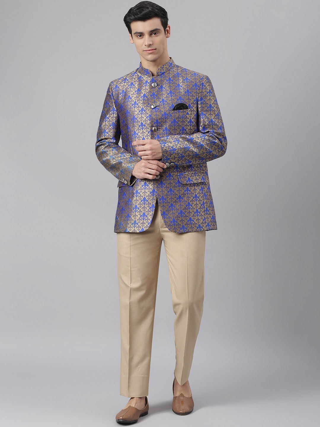 

Hangup Men Blue & Gold-Colored Printed Single-Breasted 2-Piece Slim-Fit Bandhgala Suit