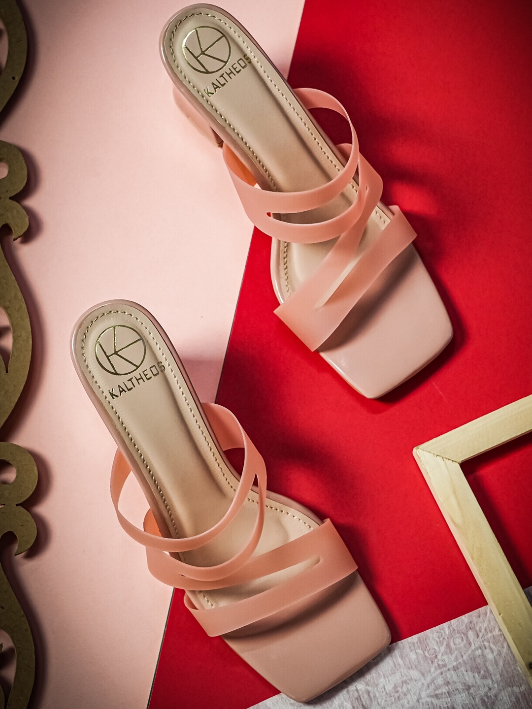 

KALTHEOS Nude-Coloured Solid PU Block Sandals