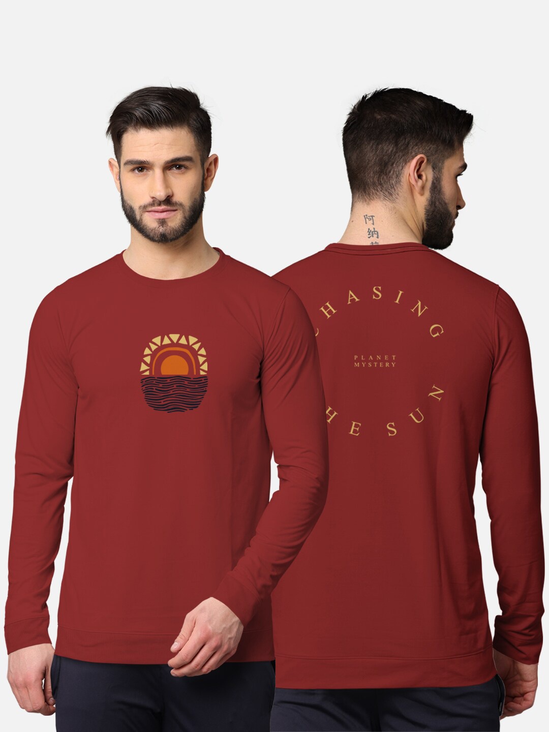 

BULLMER Men Rust Front & Back Typography Printed Blended Cotton Full Sleeve T-shirt